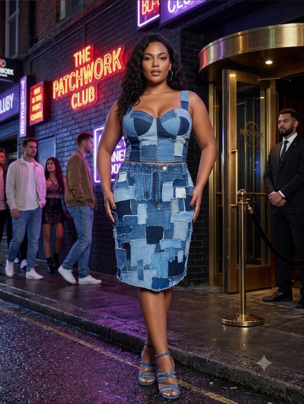 Denim Patchwork Pencil Skirt - Blue